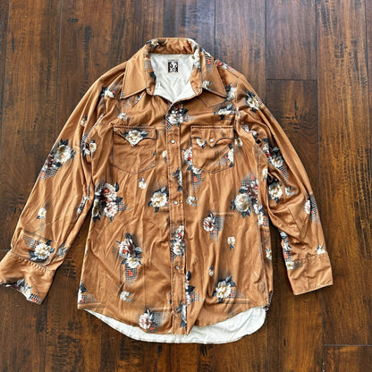 VTG 80s Karman Plaid Shirt Mens Extra Long Tail Pearl Snap Button Up Poly