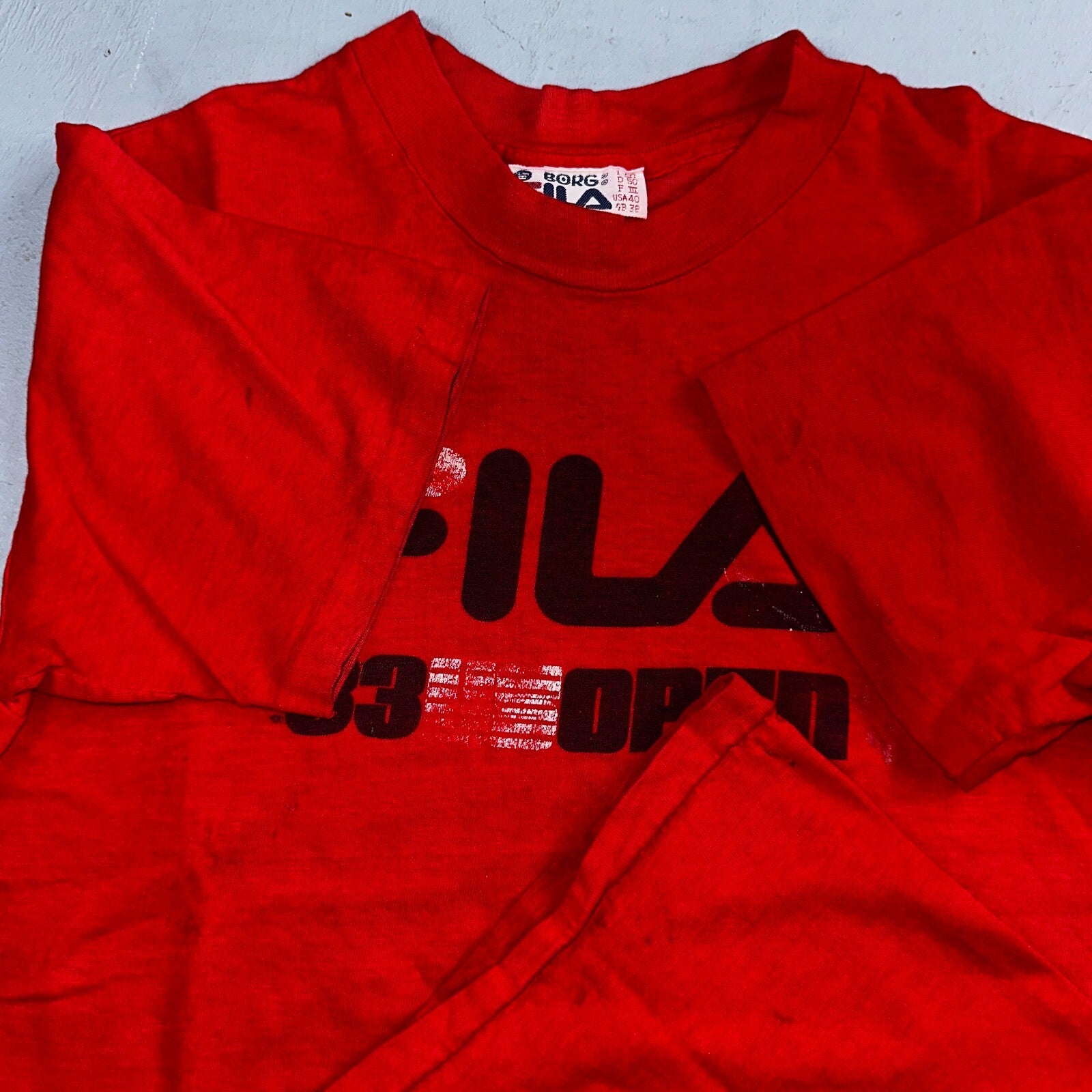 FILA 1983 Open VTG T Shirt USA Tennis Borg 80s Rare Red Graphic Print Sports