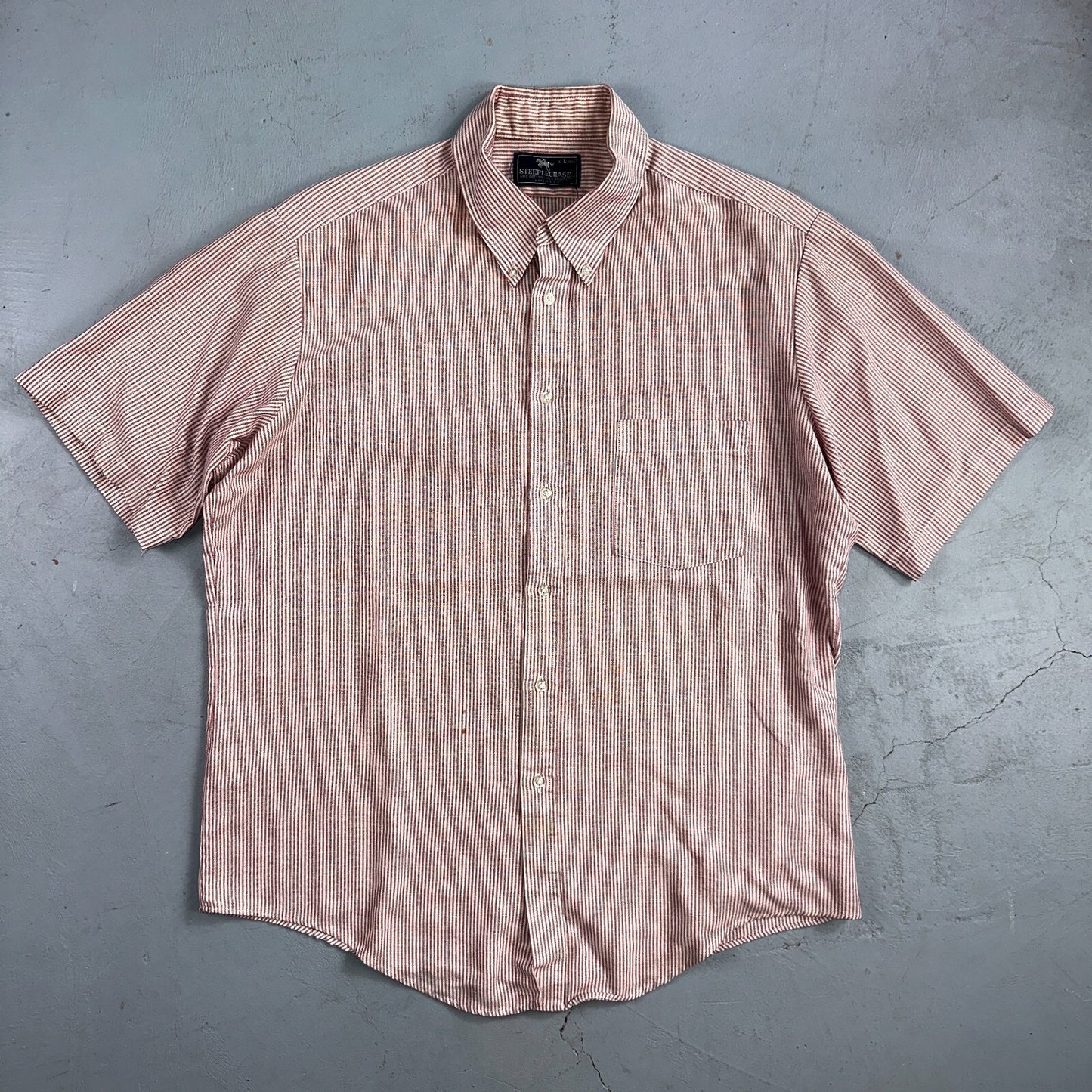 Steeple Chase Button Up Shirt Mens Large Short Sleeve Stripe Made In USA Red