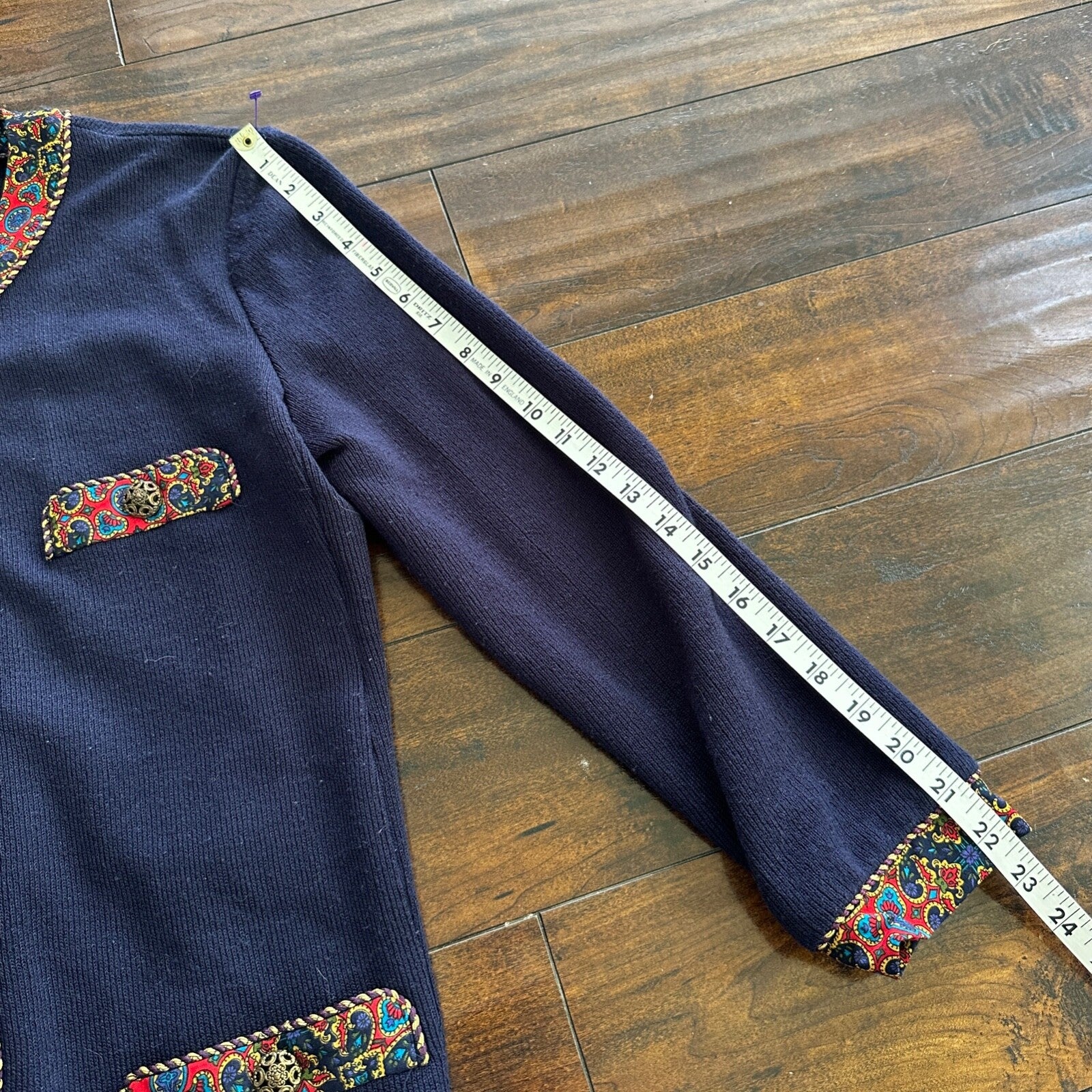 Jeffrey and Dara by Linda Hutley Knit Blazer Paisley VTG Navy Cardigan 90s