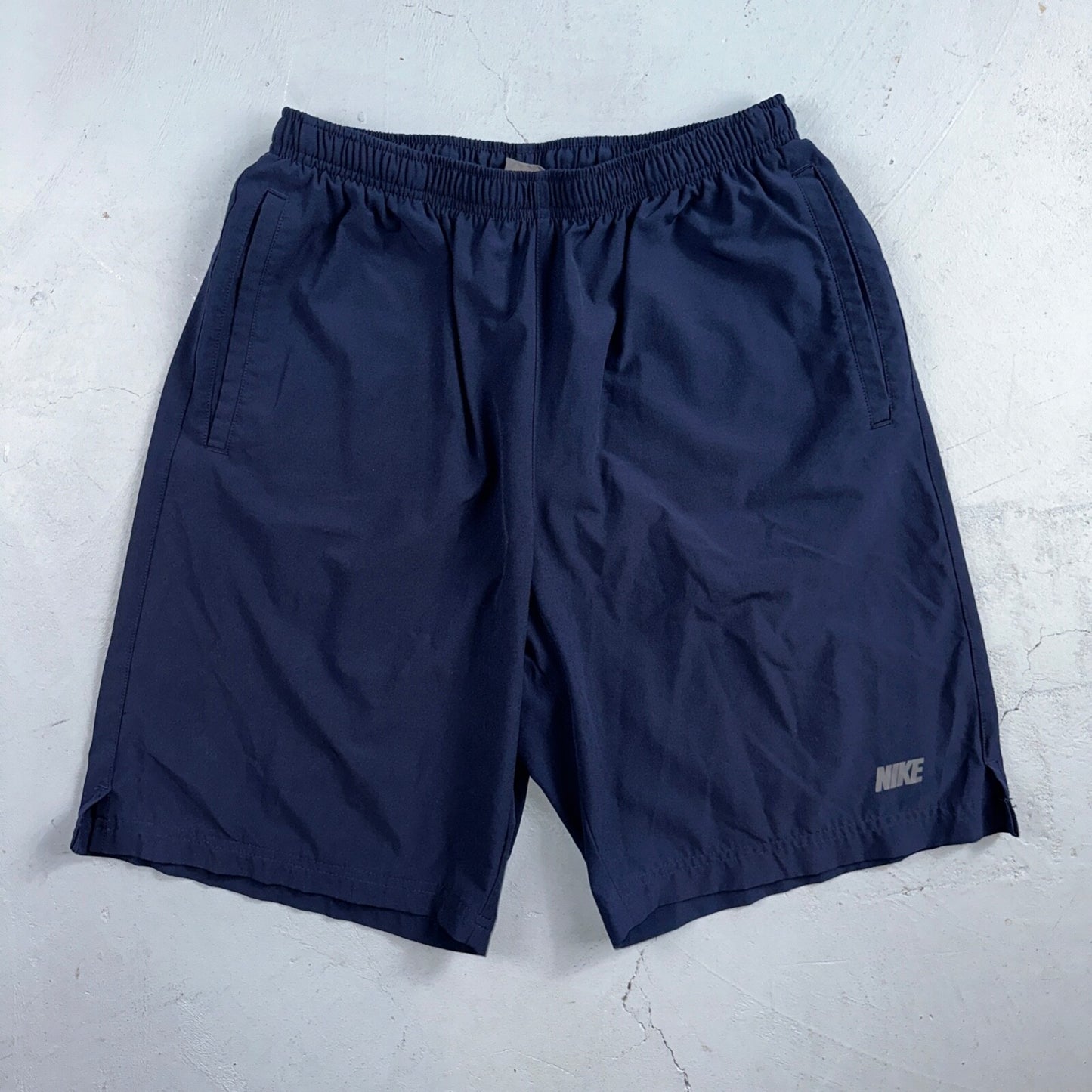 Nike Vintage Blue Nylon Shorts Swoosh Y2K Silver Tag 9” Inseam Running Gym