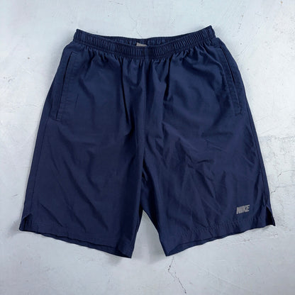 Nike Vintage Blue Nylon Shorts Swoosh Y2K Silver Tag 9” Inseam Running Gym