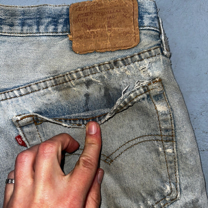 Levis 501 Vintage 80s USA XX Straight Leg Jeans Blue Light Wash Torn Act 32x33