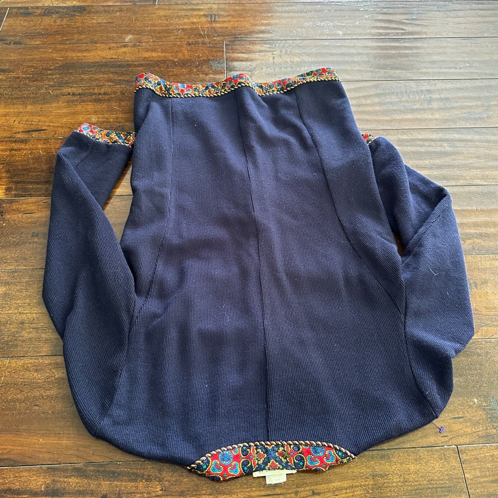 Jeffrey and Dara by Linda Hutley Knit Blazer Paisley VTG Navy Cardigan 90s