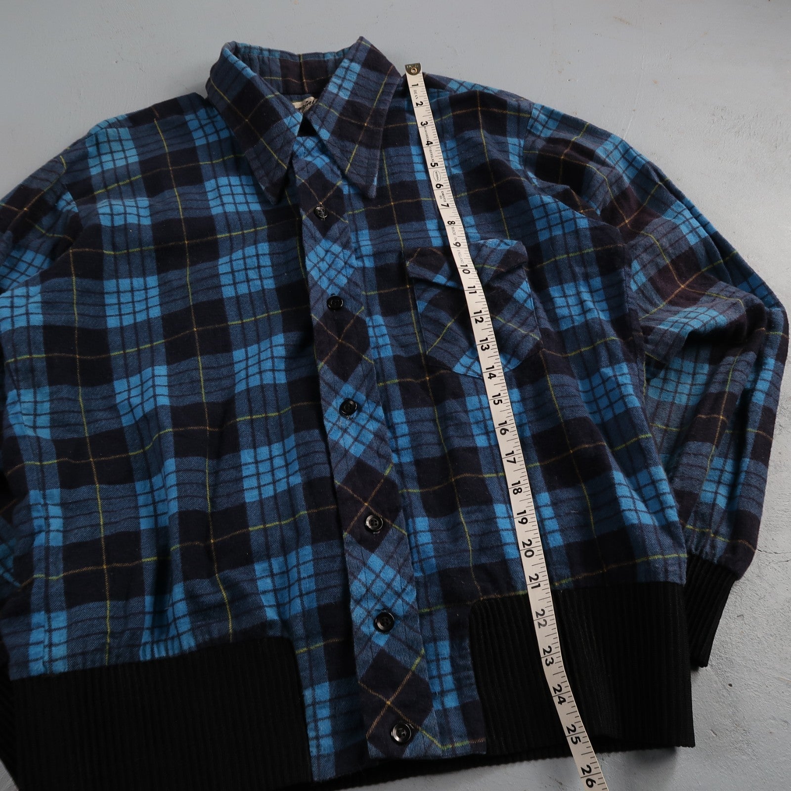 VTG 1970s Men's L Blue Flannel Shirt Black Ribbed Ricky Monzini USA Rockabilly