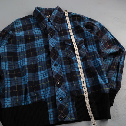 VTG 1970s Men's L Blue Flannel Shirt Black Ribbed Ricky Monzini USA Rockabilly