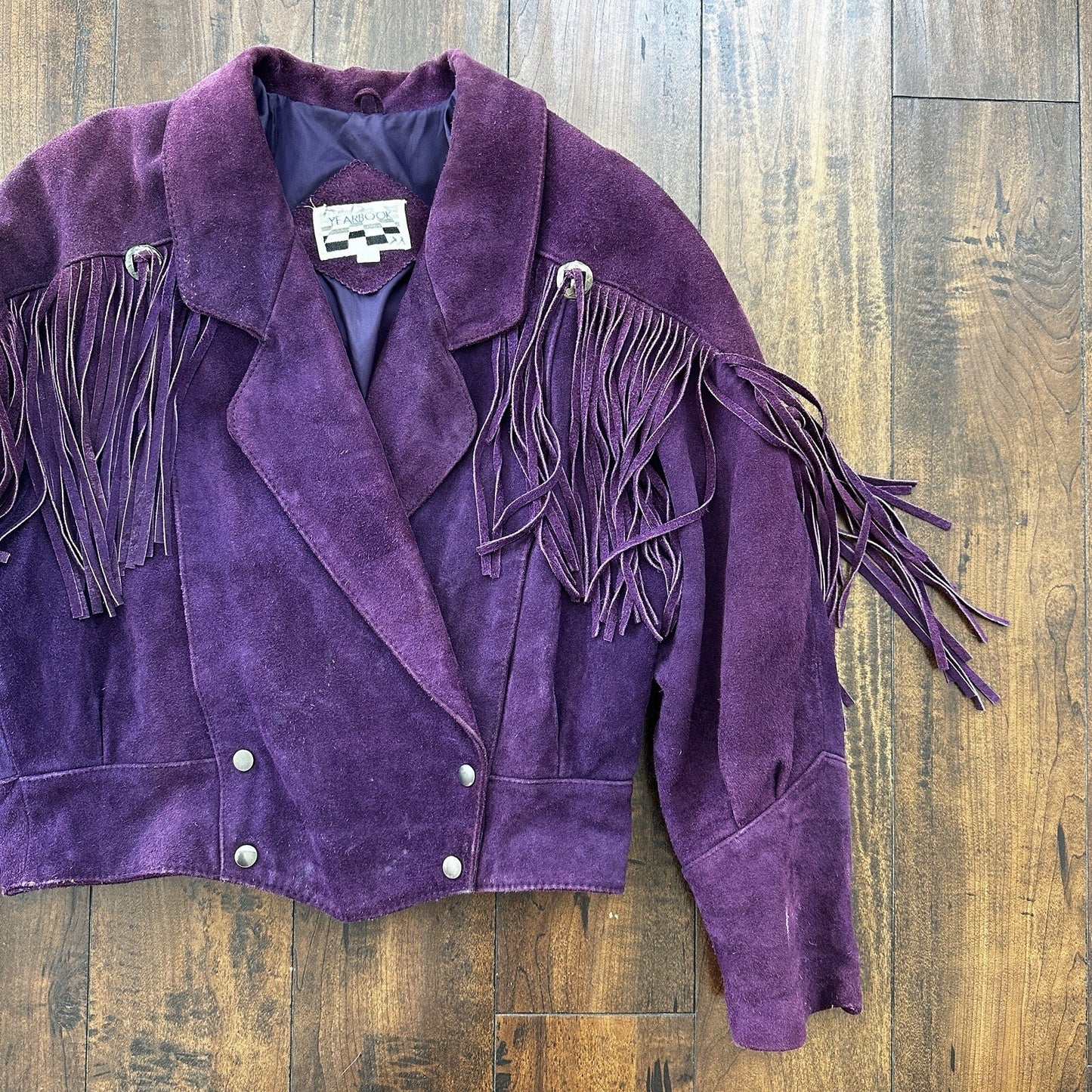 VTG Yearbook 1980s Suede Leather Jacket Purple Tassels Cowgirl Cowboy 80s 70s
