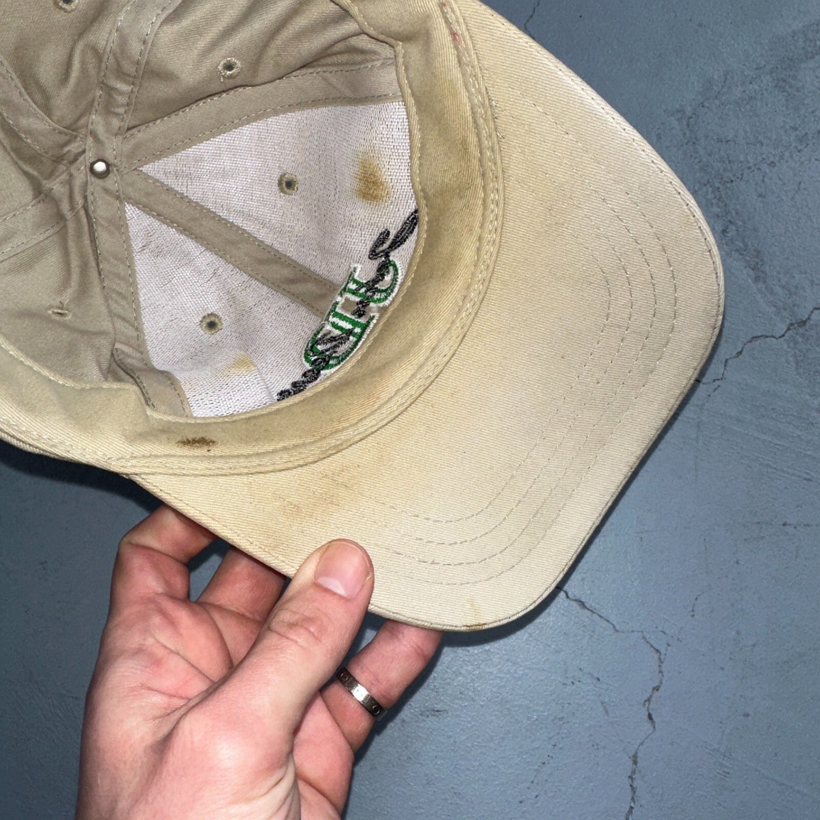 John Deere VTG Hat Cap Snapback Yellow Stained Tractor Fun Farmer Used