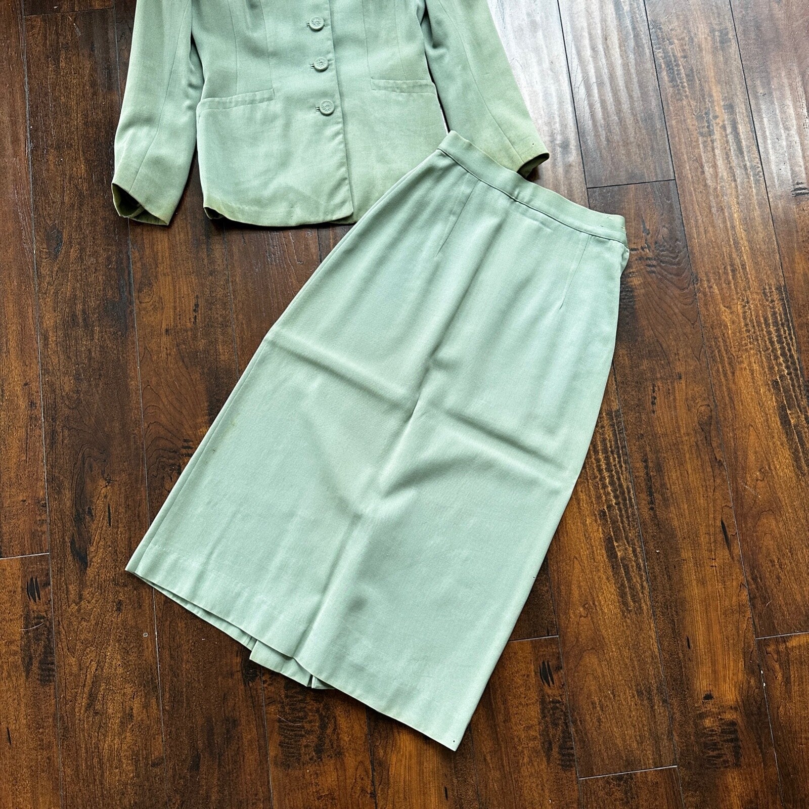 1950s Teal Green VTG 2 Piece Womens Houndstooth Suit Joselli MCM Wool 50s 40s