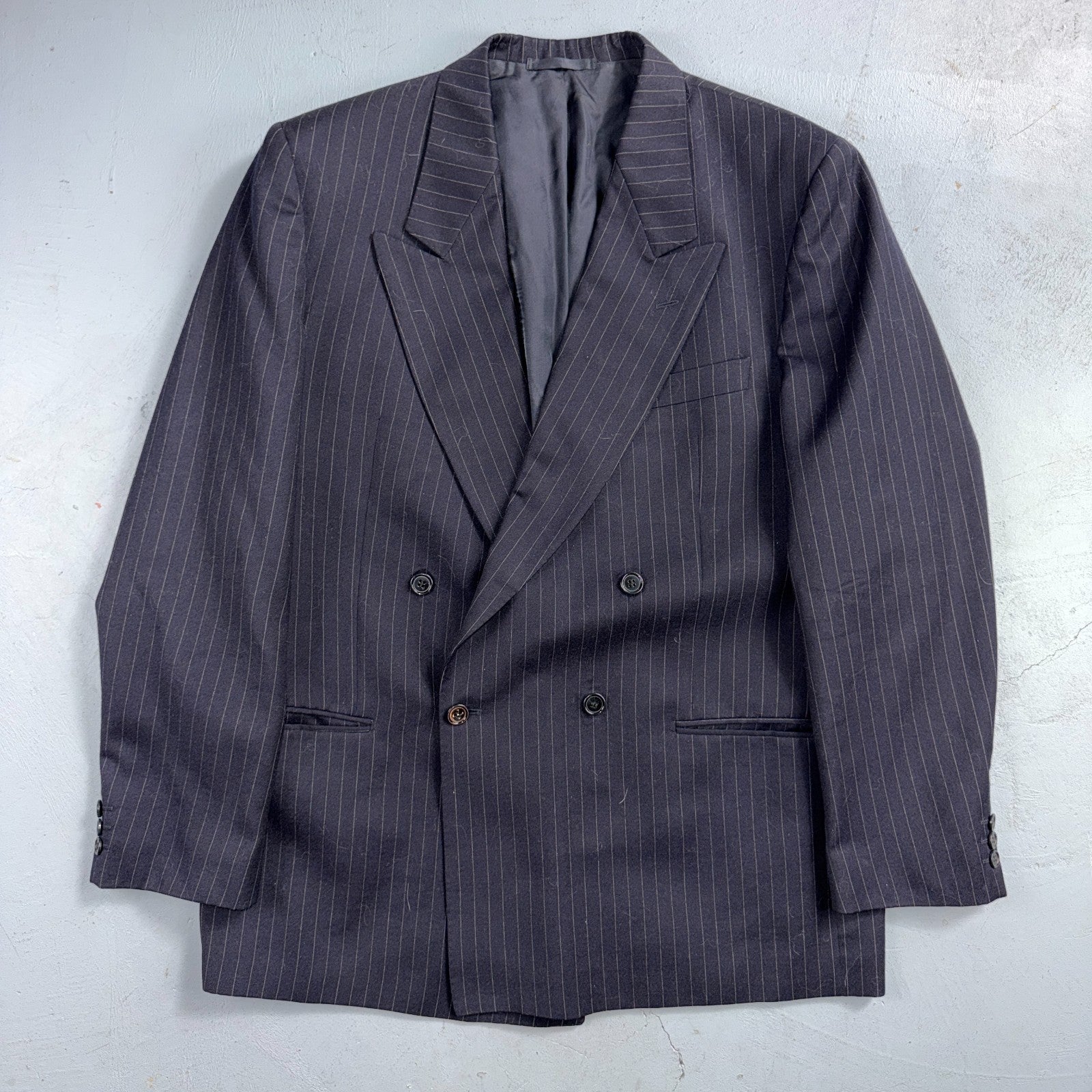 VTG Wool Suit Italy 54 Jacket Sport Coat Virgilini Double Breast Pin Stripe 80s