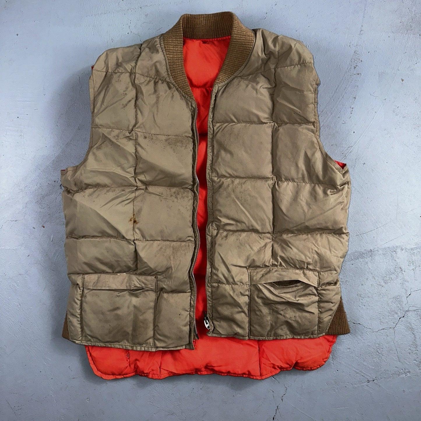 Vtg Pioneer Sportswear M 60s Union Reversible Tan Blaze Orange Canada Down Vest