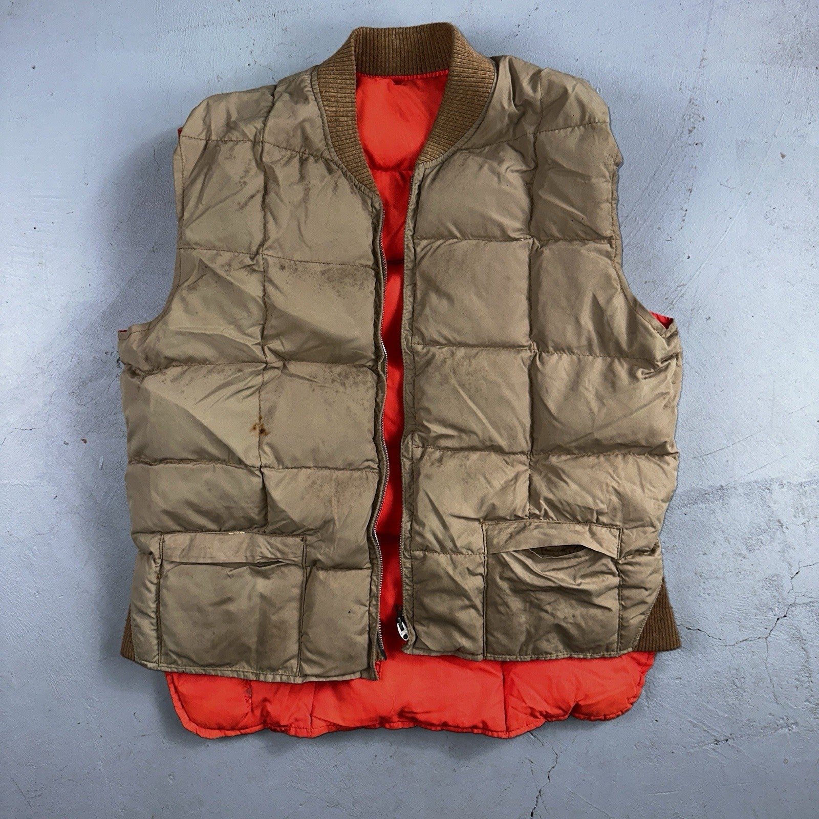 Vtg Pioneer Sportswear M 60s Union Reversible Tan Blaze Orange Canada Down Vest