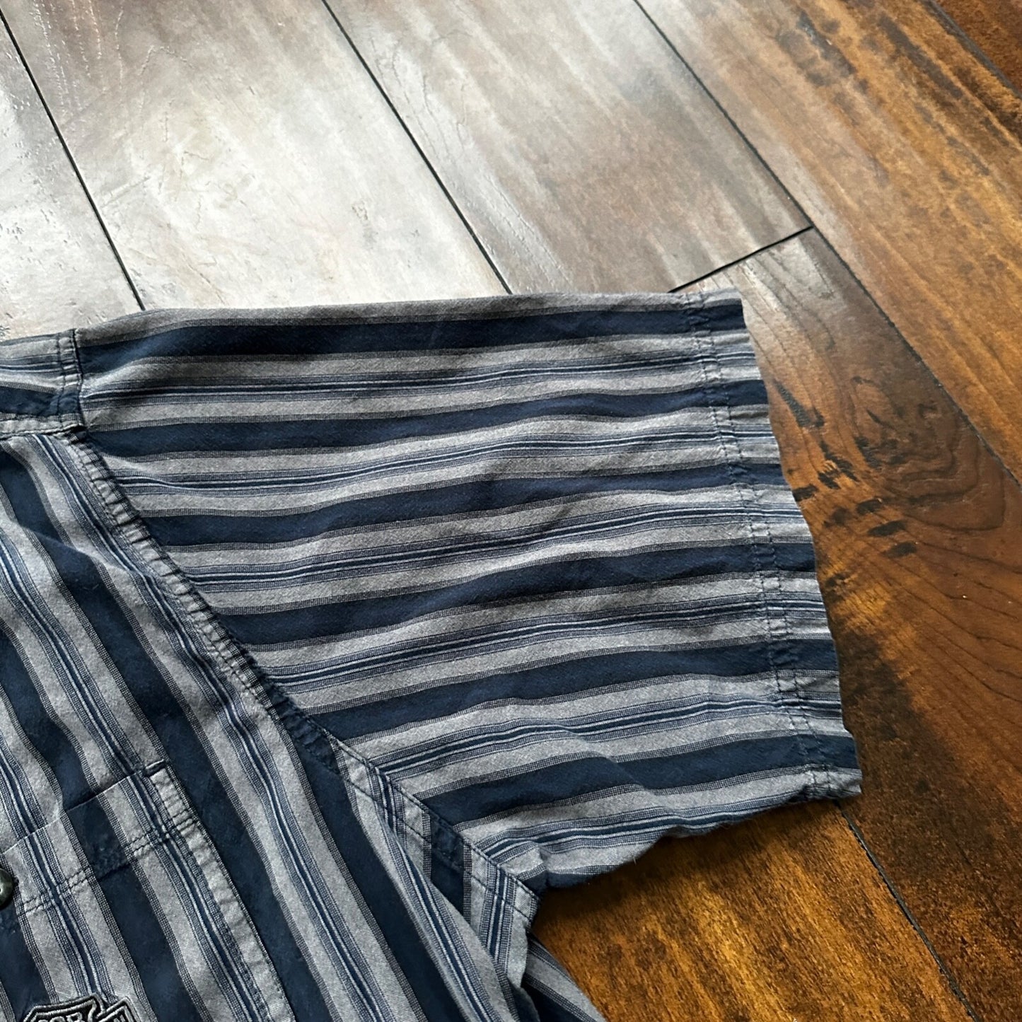 Harley Davidson Shirt Button Up XL Short Sleeve VTG Embroidery Striped Blue