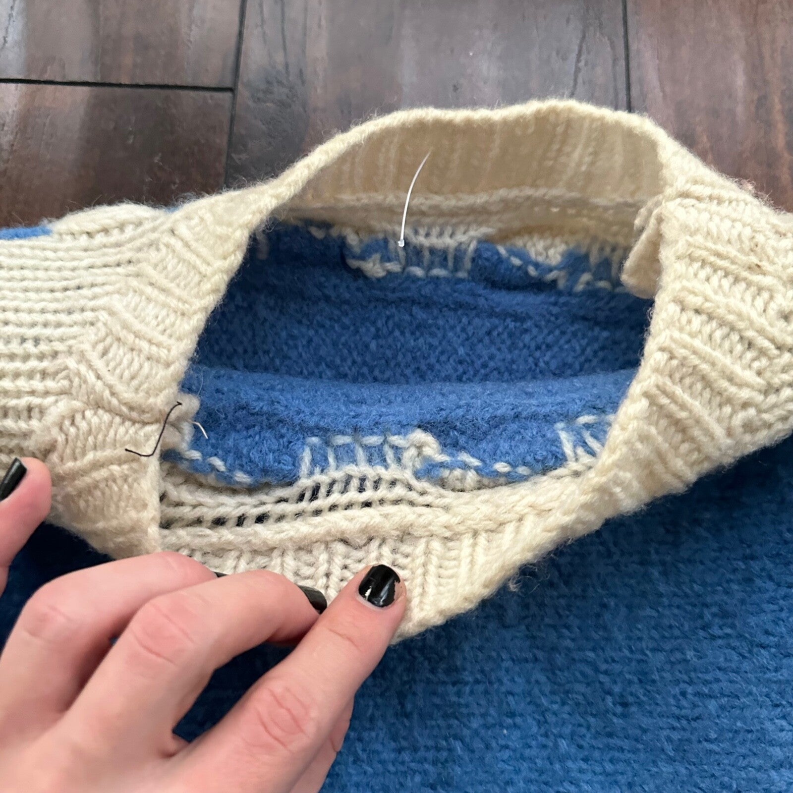 Vintage Handmade Wool Knit Sweater S Blue Pattern 1940s 1950s Rare 40s 50s WWII