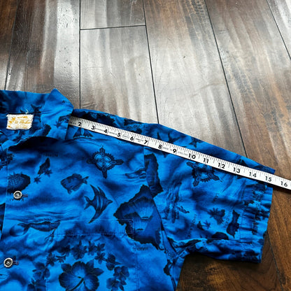 Ui-Maikai Vintage 1960s Barkcloth Blue Hibiscus Dress And Shirt Rockabilly Rare