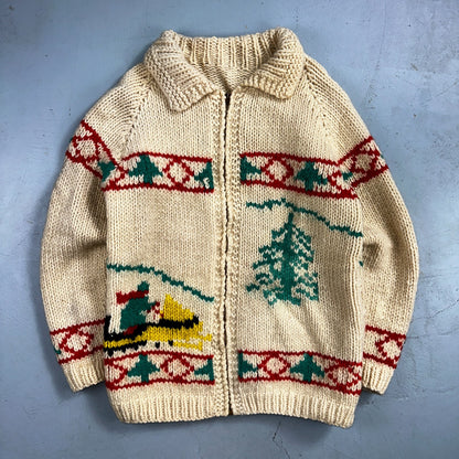 VTG 1950’s Cowichan Wool Full Zip Up Hand Knit Sweater Winter Sled Novelty Talon