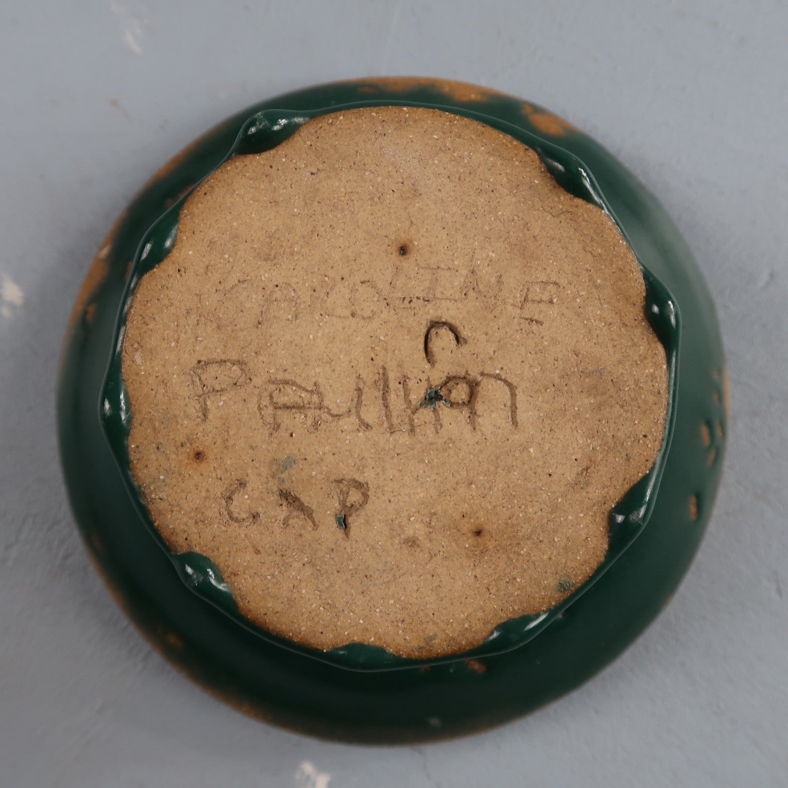 Green Glazed Small Size Motif Bowl Cute Ceramic Green VTG 90s Handmade Art Folk