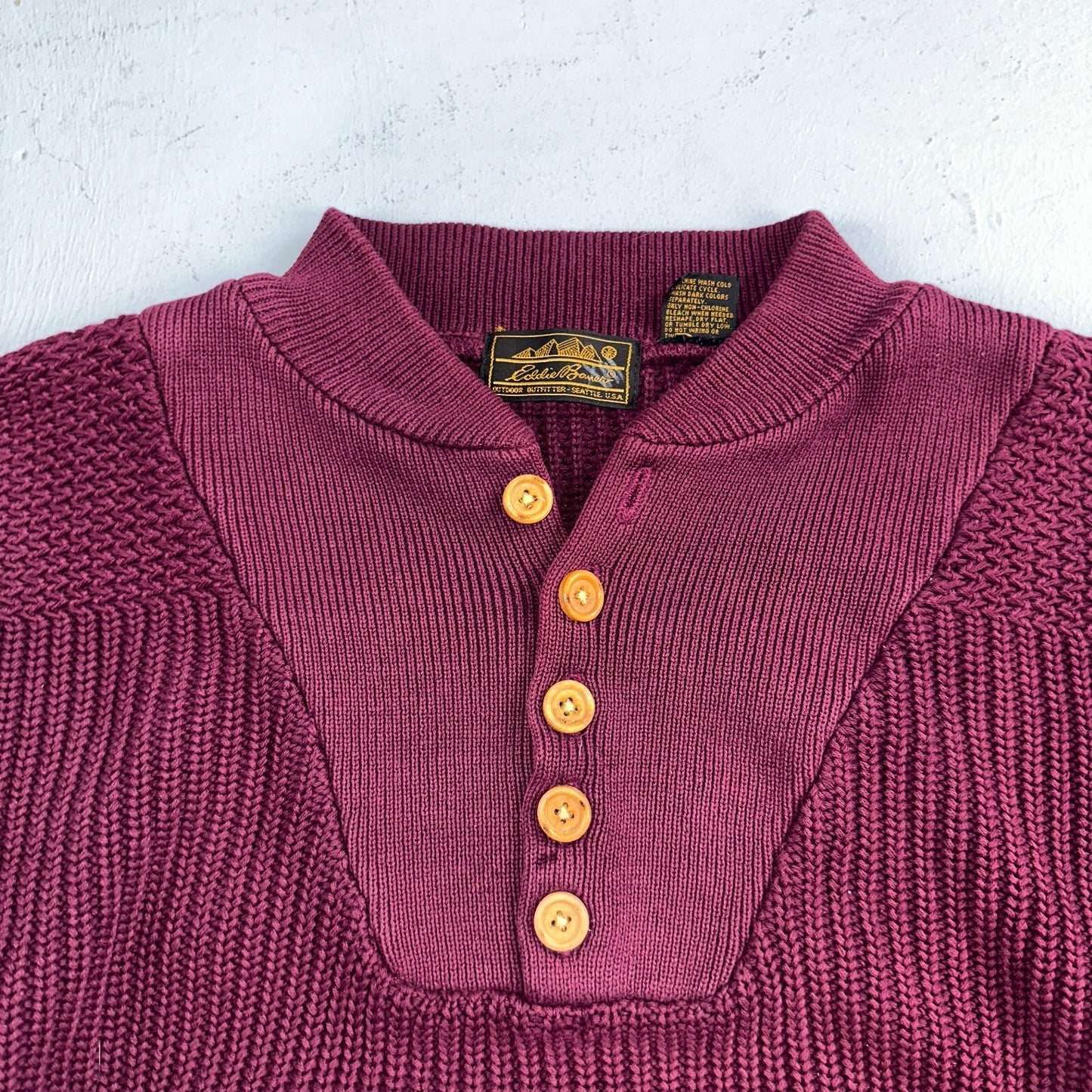 Eddie Bauer VTG 80s Sweater Mens Large Maroon Knit Henley Pullover Outdoor