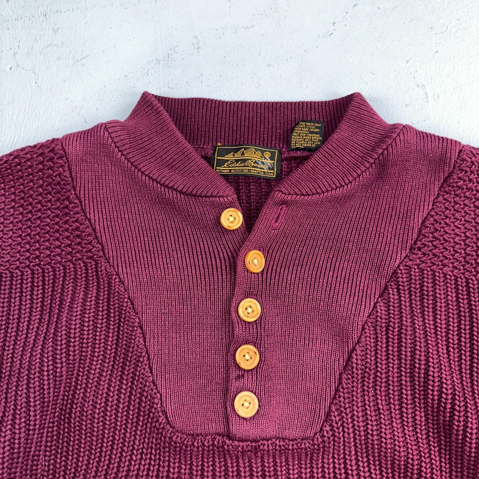 Eddie Bauer VTG 80s Sweater Mens Large Maroon Knit Henley Pullover Outdoor