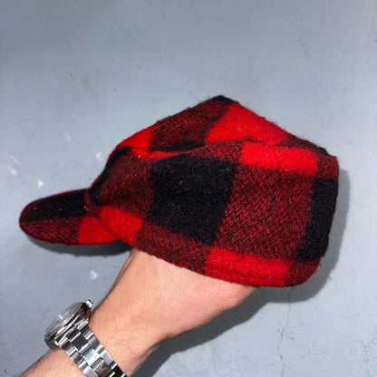 Vintage 1970s Woolrich Buffalo Plaid Red Black Hat with Ear Flaps USA 70s Warm