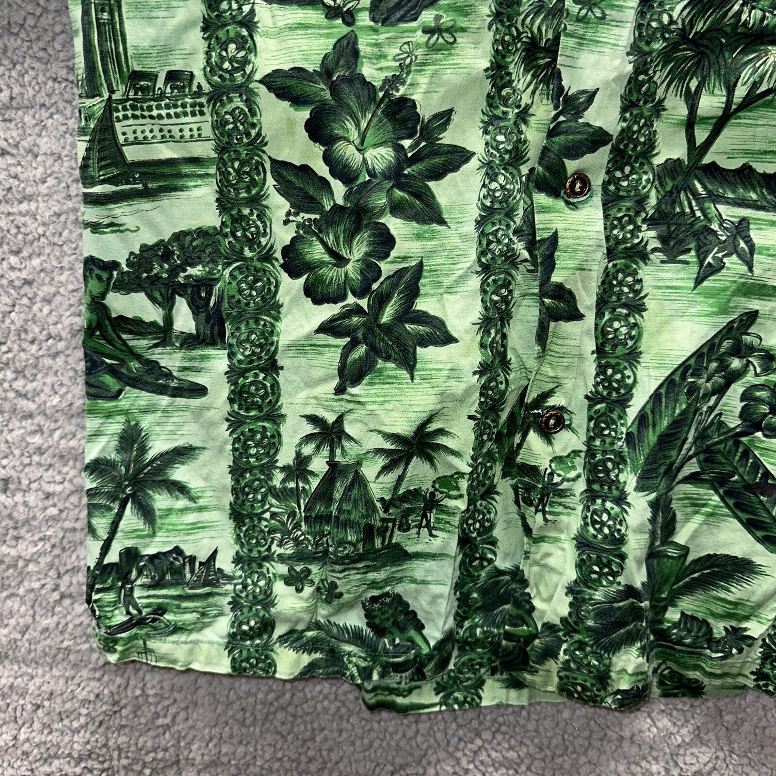Vintage 50s Hawaiian Aloha Print Shirt Rockabilly Honolulu 60s Button USA Green
