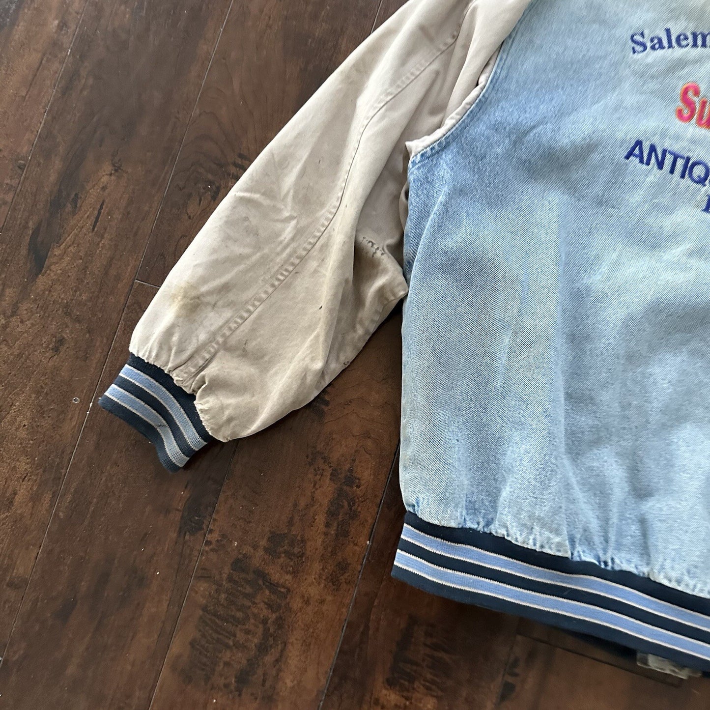 Vintage Oregon 90s Denim Varsity Jacket Bomber Salem Auto NASCAR Racing Thrashed