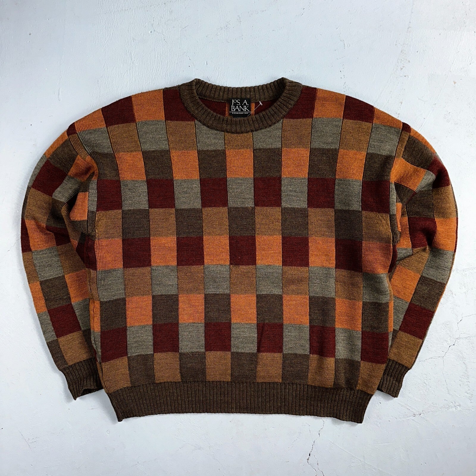 Jos A Bank VTG Mens L Pure Merino Wool Sweater Italy Checkboard 80s Patchwork