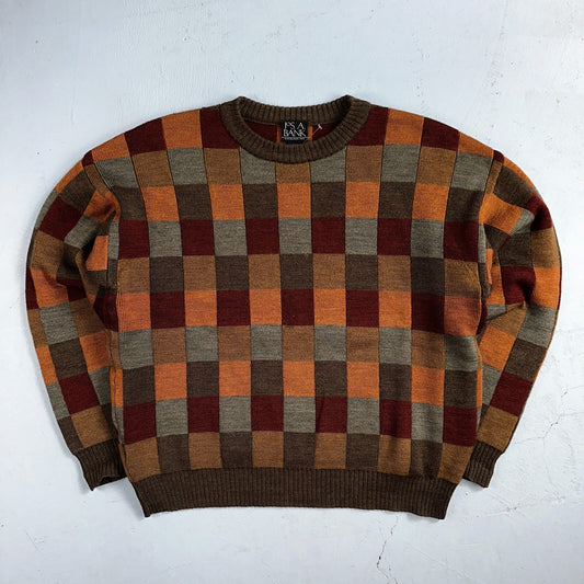 Jos A Bank VTG Mens L Pure Merino Wool Sweater Italy Checkboard 80s Patchwork