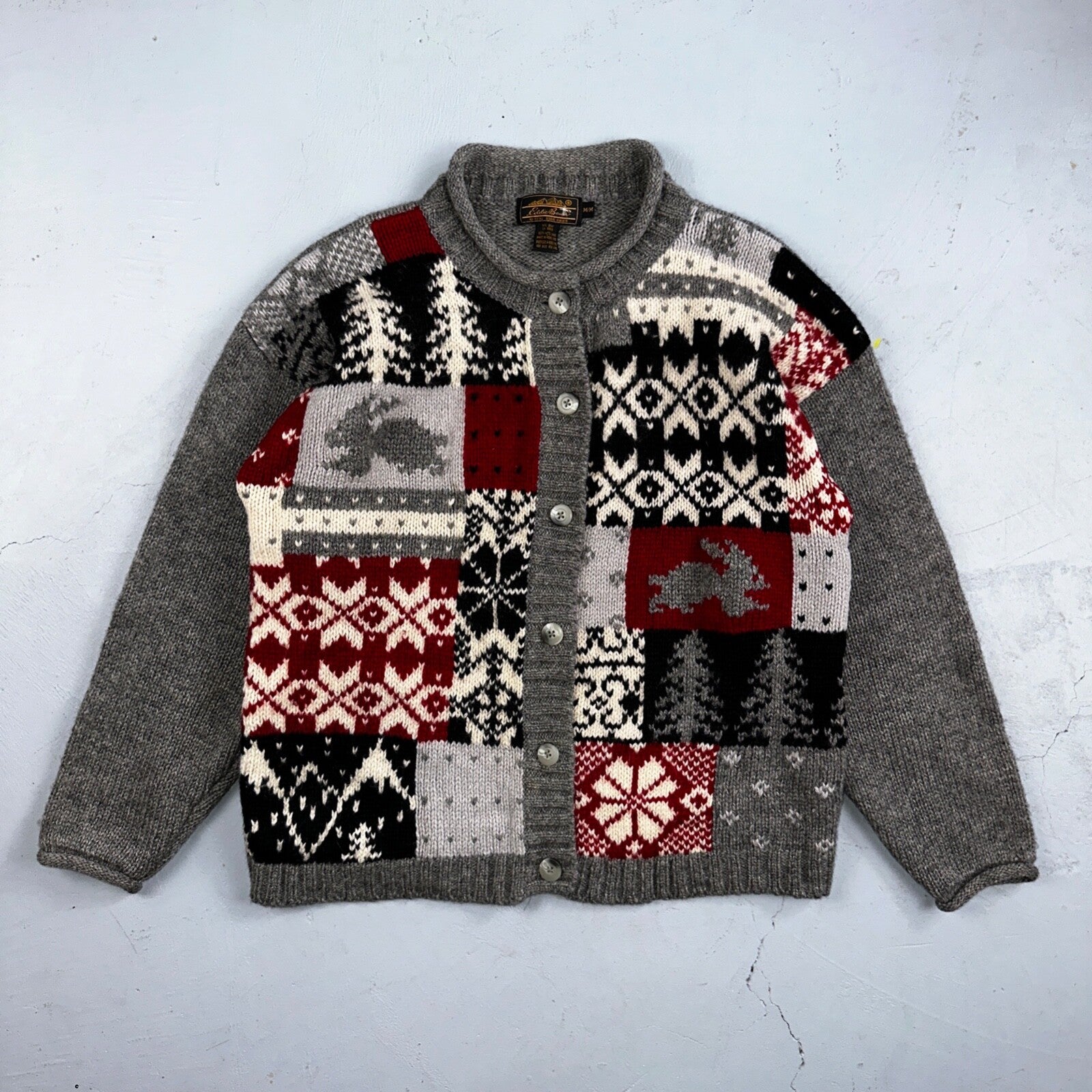 Vintage Eddie Bauer Cardigan Sweater Sz M Gray Snowflake Nordic Patchwork Wool