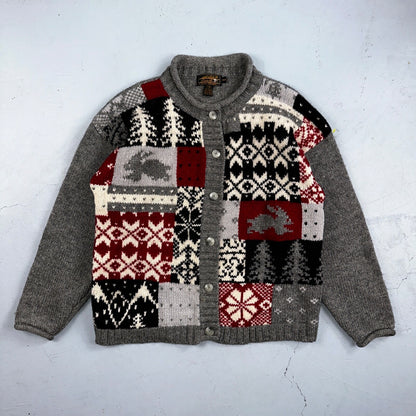 Vintage Eddie Bauer Cardigan Sweater Sz M Gray Snowflake Nordic Patchwork Wool