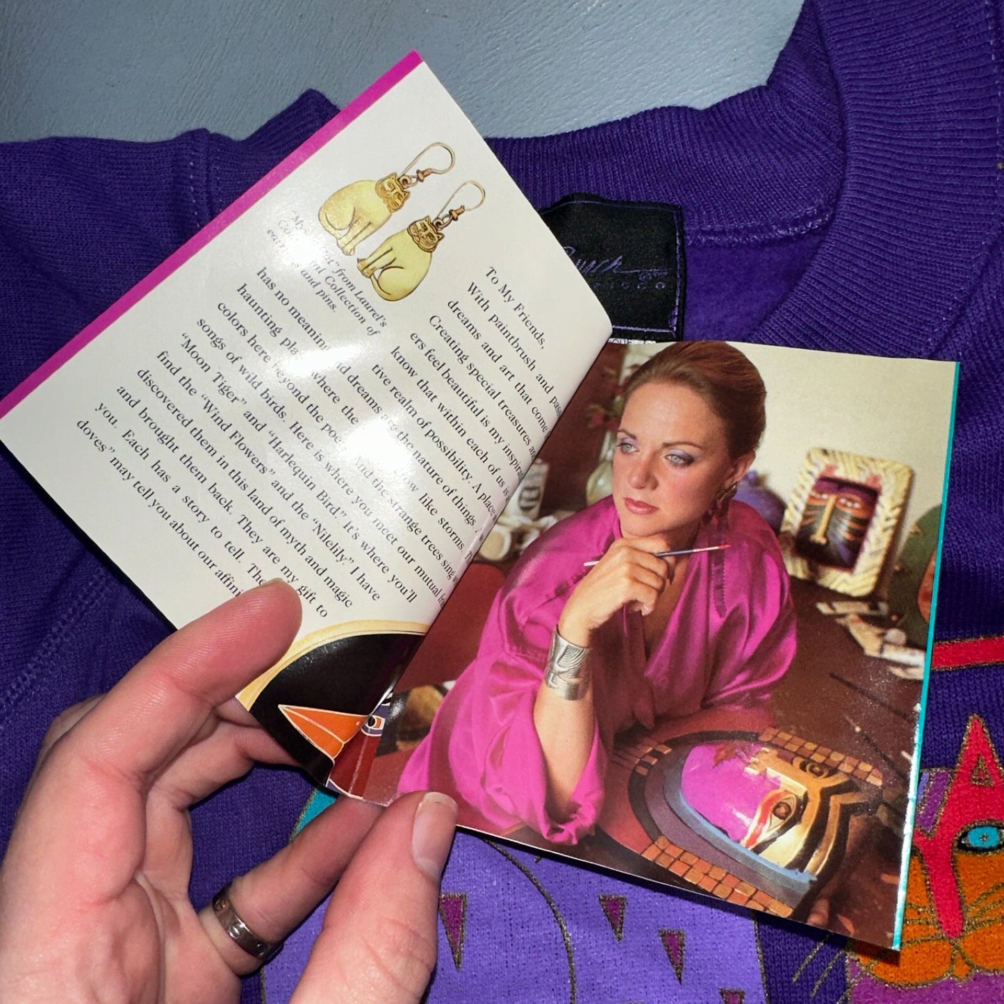 Laurel Burch VTG 1987 Pullover Fantastic Felines Purple Cat Sweatshirt XL NOS