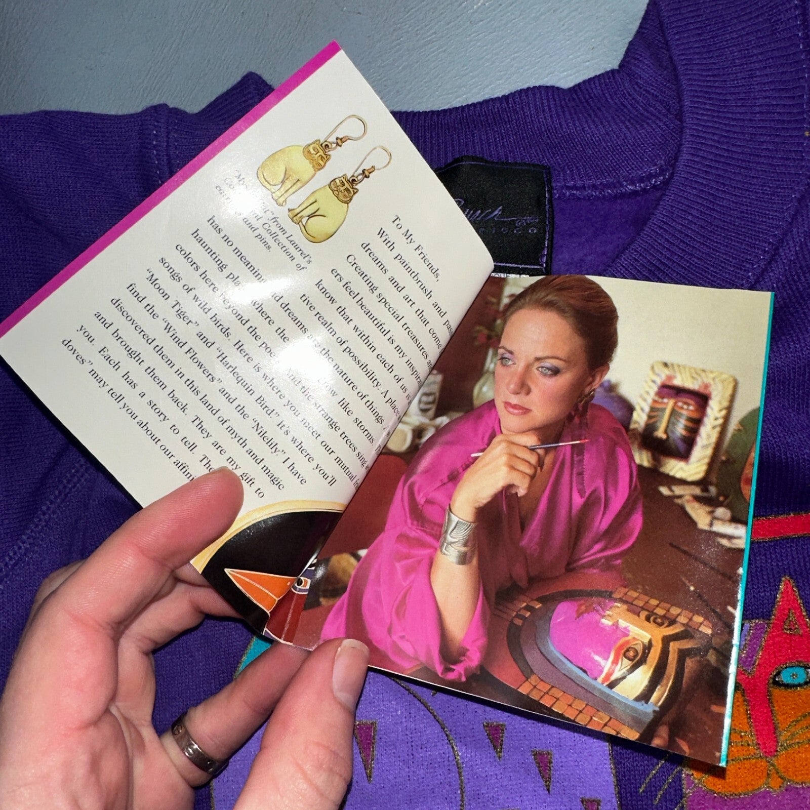 Laurel Burch VTG 1987 Pullover Fantastic Felines Purple Cat Sweatshirt XL NOS