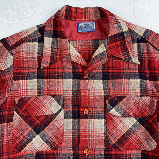 Pendleton 1970s Loop Collar Board Shirt Wool Plaid Flannel Shirts Red Black M