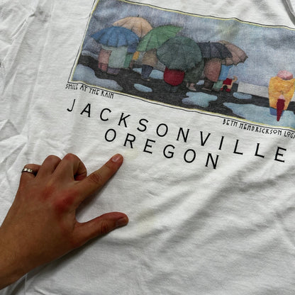 Jacksonville Oregon Smile at Rain VTG T Shirt Beth Logan Art PDX Umbrella Sad