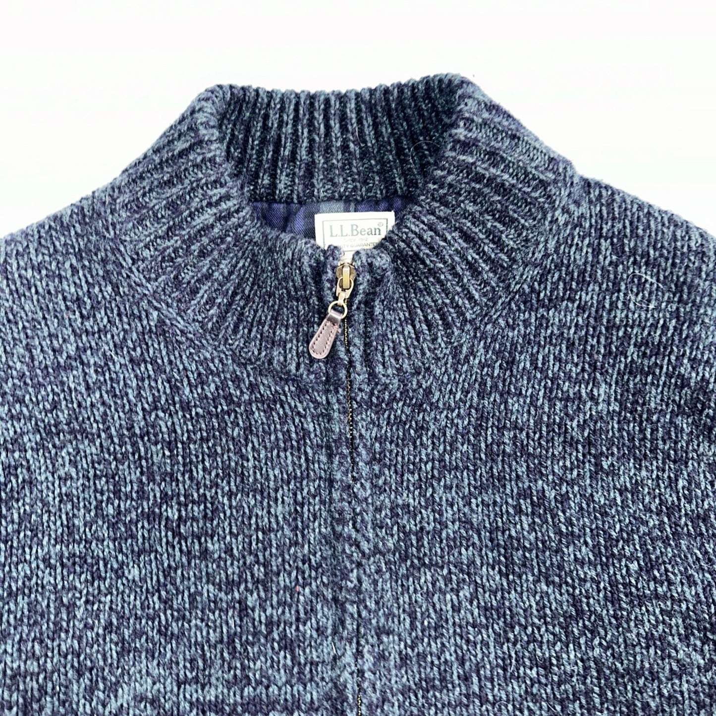 LL Bean Lambs Wool Blue Sweater Full Zip Flannel Plaid Lined Mens L Vintage