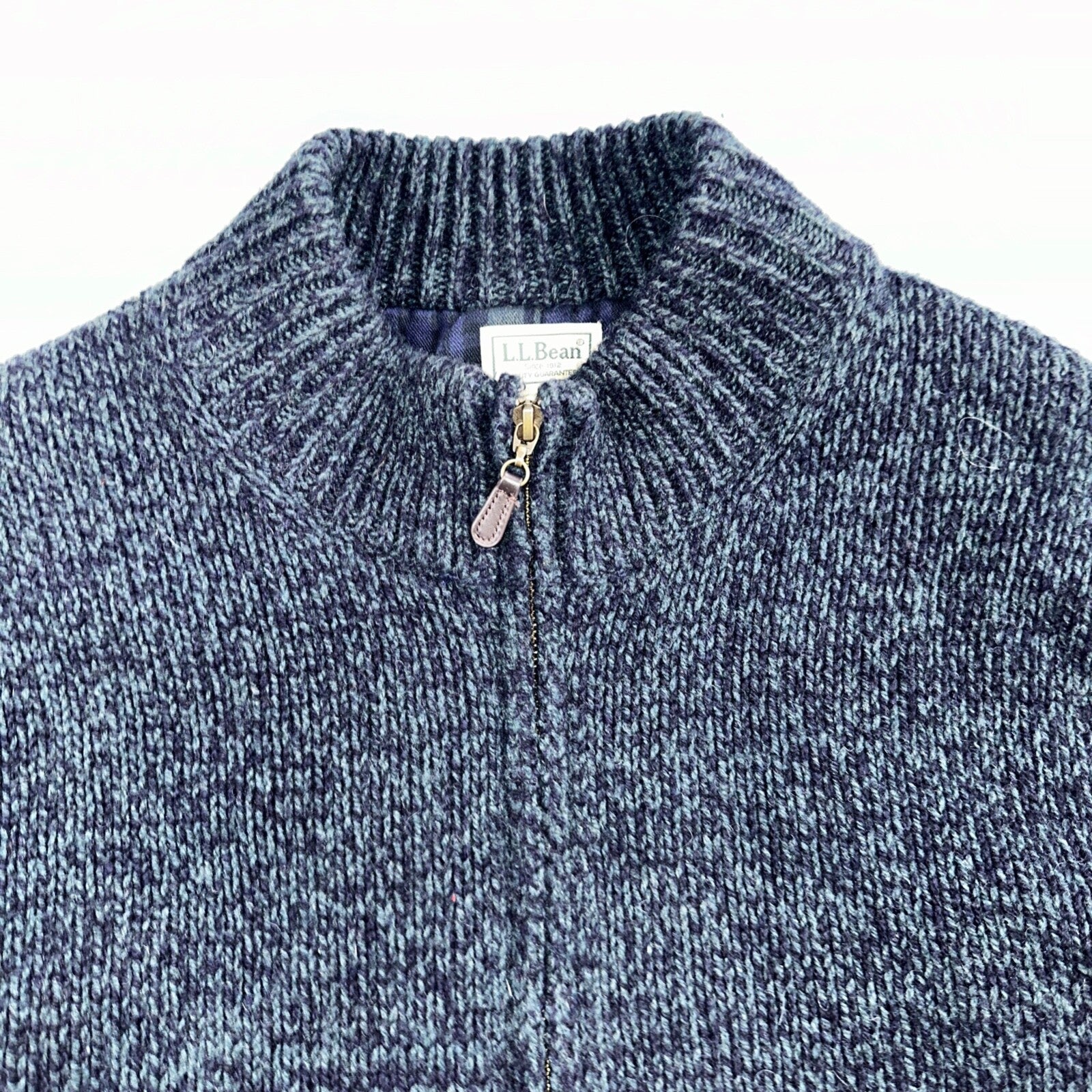 LL Bean Lambs Wool Blue Sweater Full Zip Flannel Plaid Lined Mens L Vintage