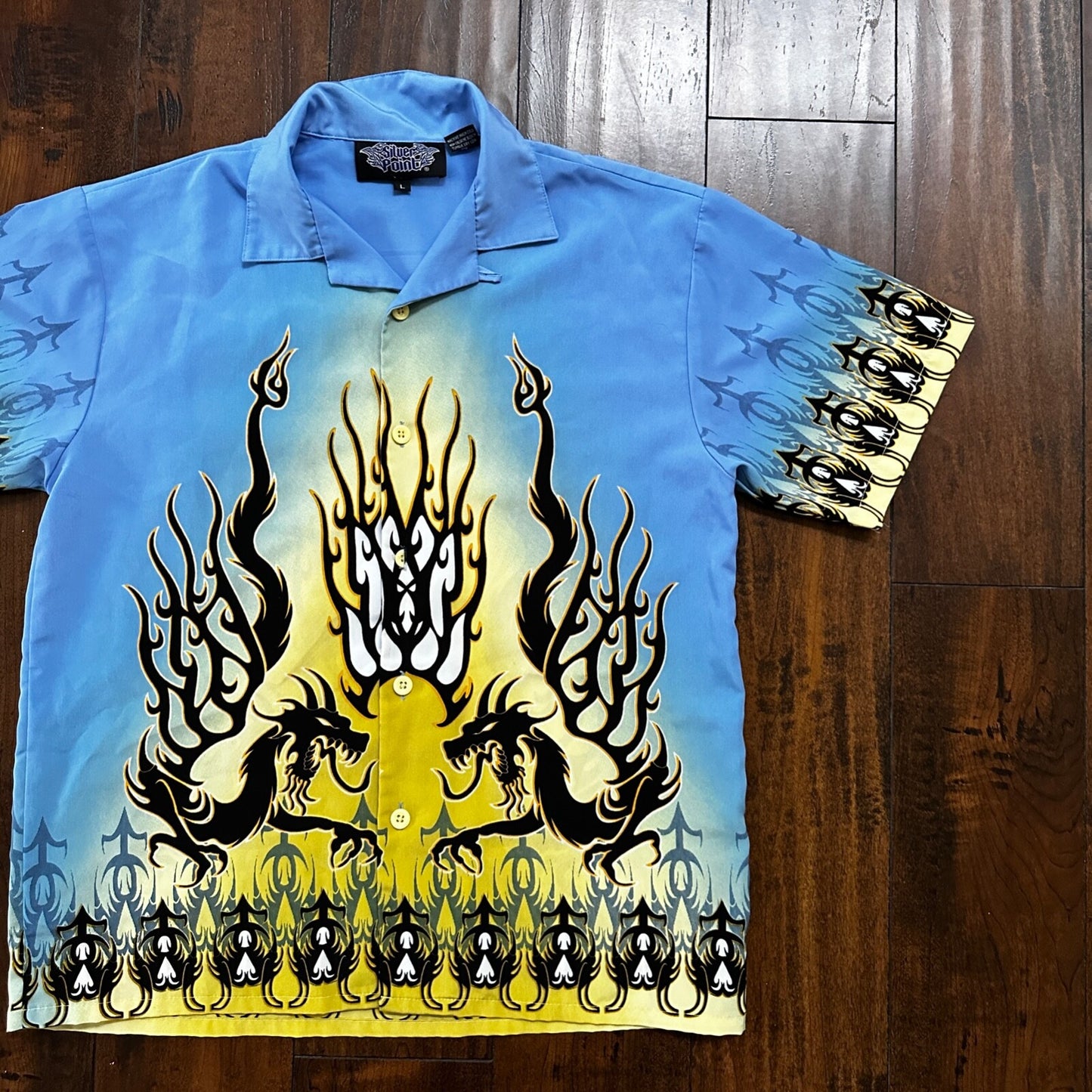 VTG Y2K Silver Point Blue Tribal Button Down Shirt Size L 1980s Ricky Trailer