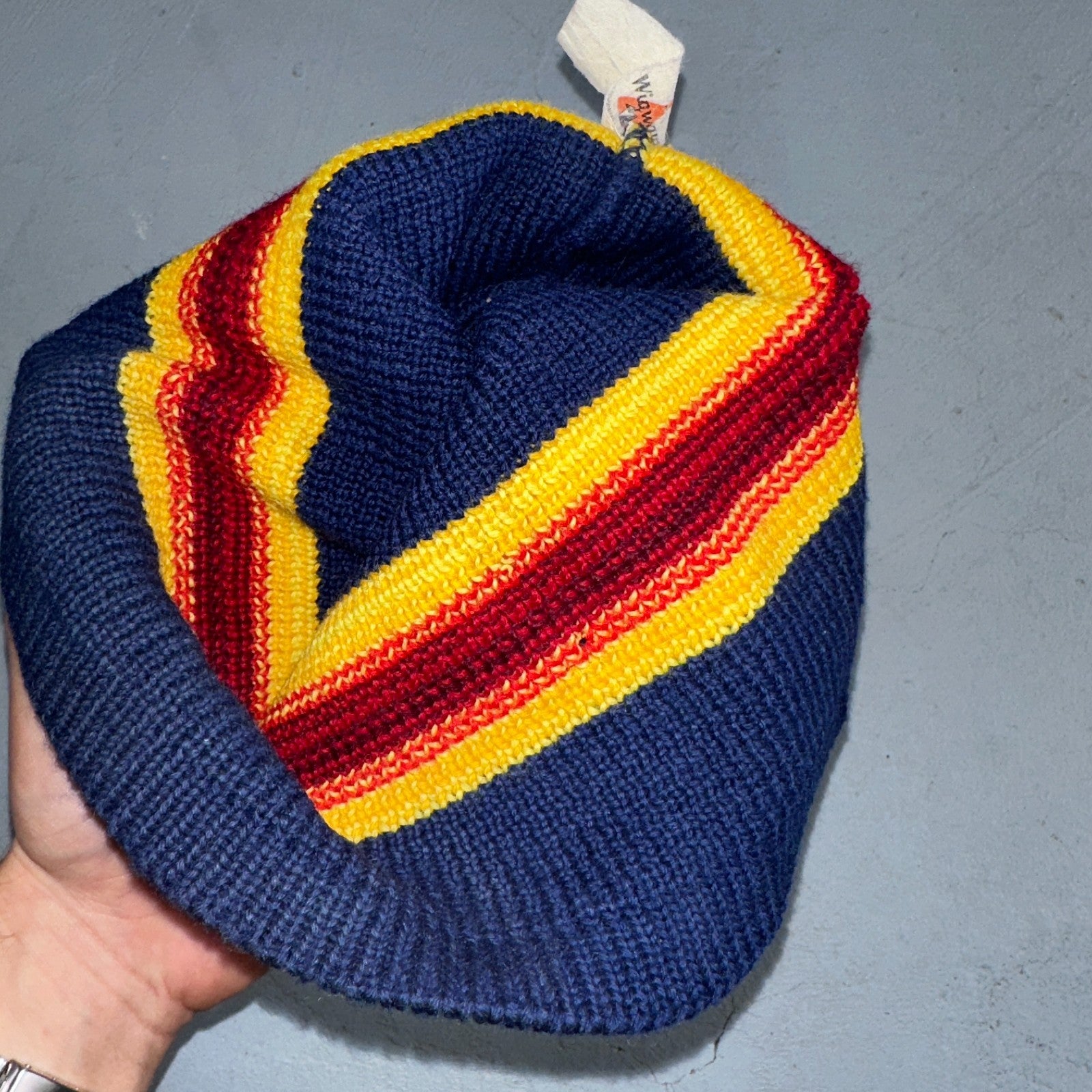 Vintage Wigwam Wool Balaclava Ski Mask USA 100% Virgin Wool Red Yellow Stripe
