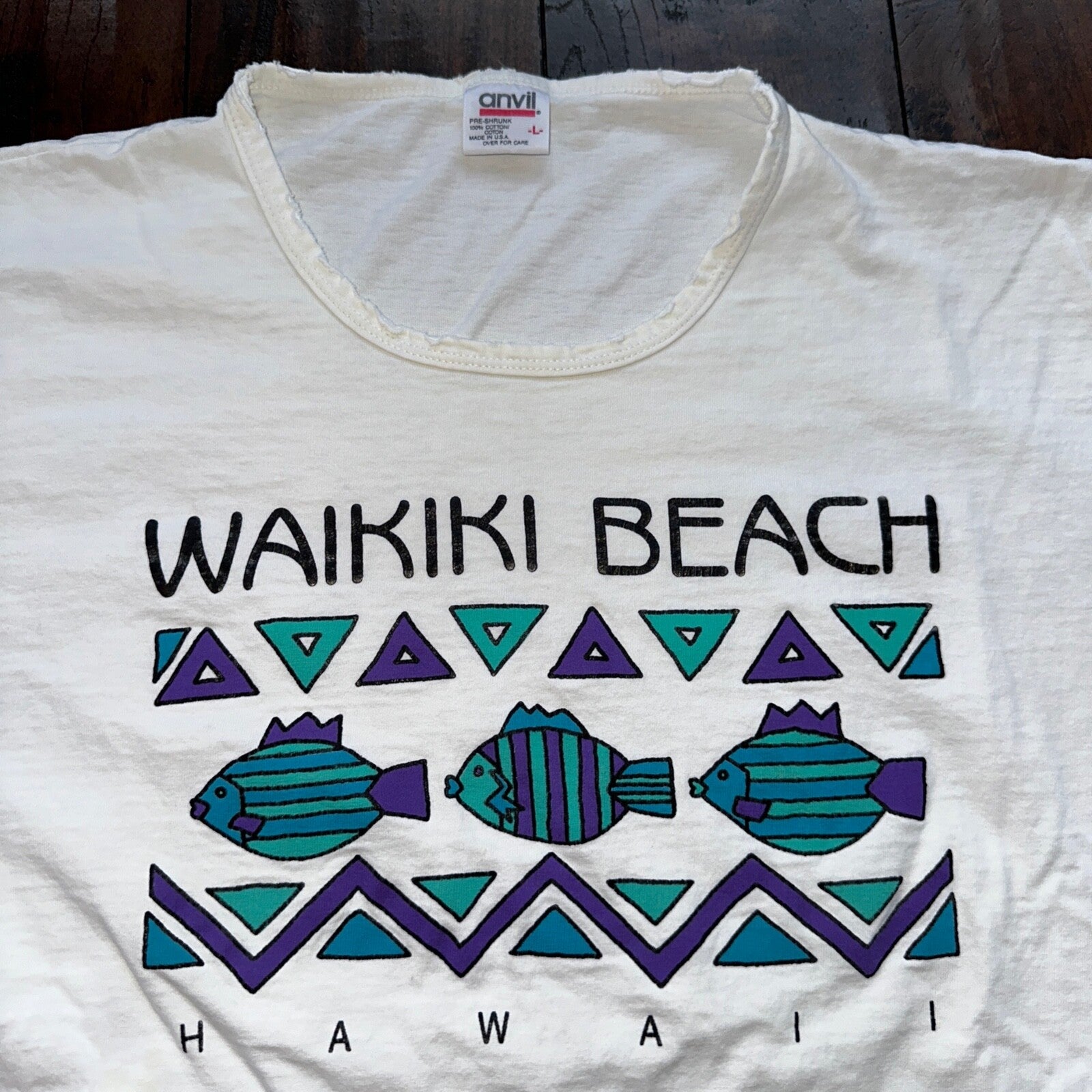 Waikiki Beach Hawaii Single Stitch Vintage T Shirt Anvil 90s Large Fish Travel
