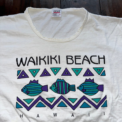 Waikiki Beach Hawaii Single Stitch Vintage T Shirt Anvil 90s Large Fish Travel