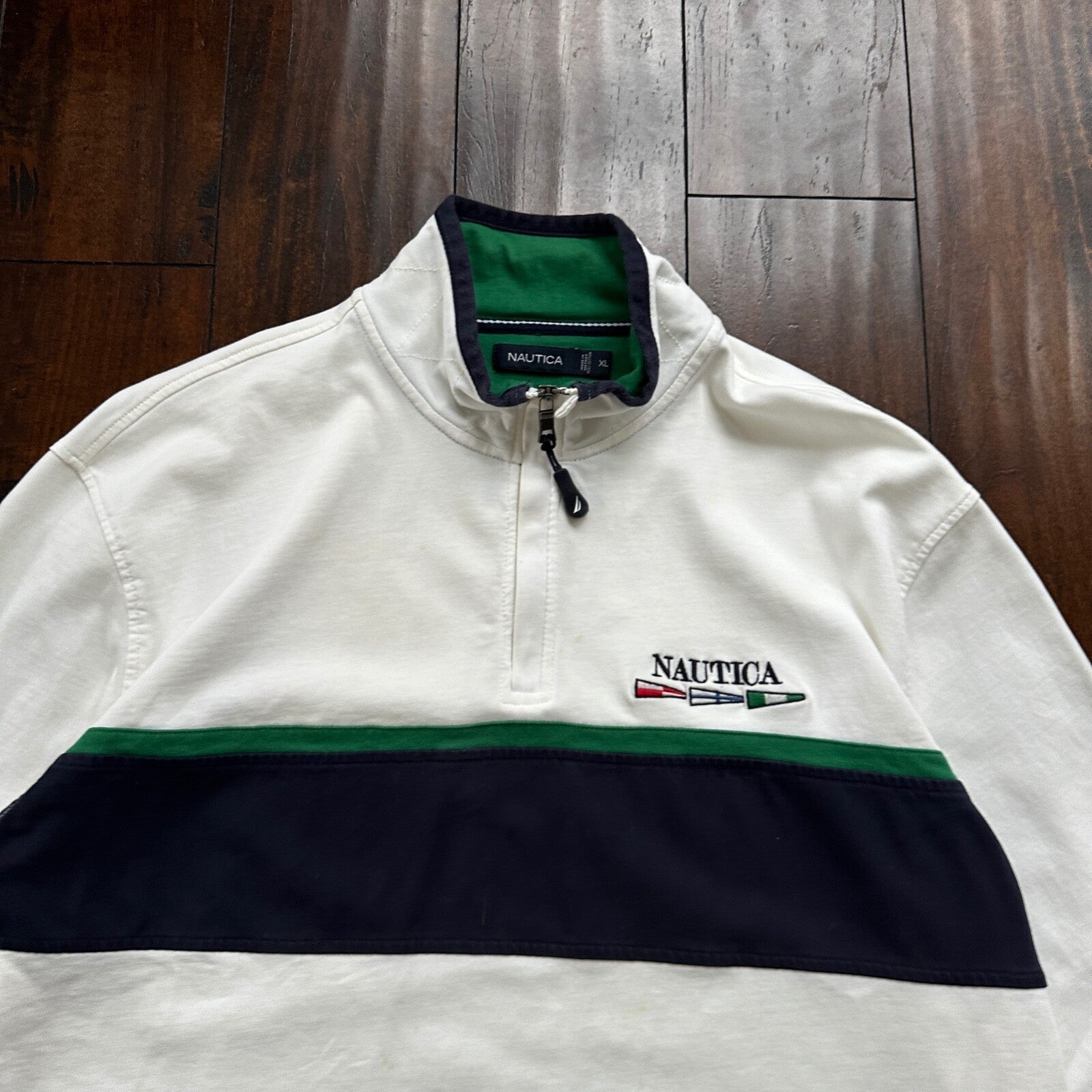Nautica Classic White Striped Pullover Quarter Zip Sweater Shirt Size XL