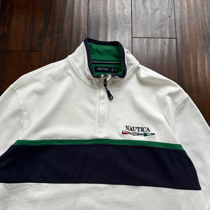 Nautica Classic White Striped Pullover Quarter Zip Sweater Shirt Size XL