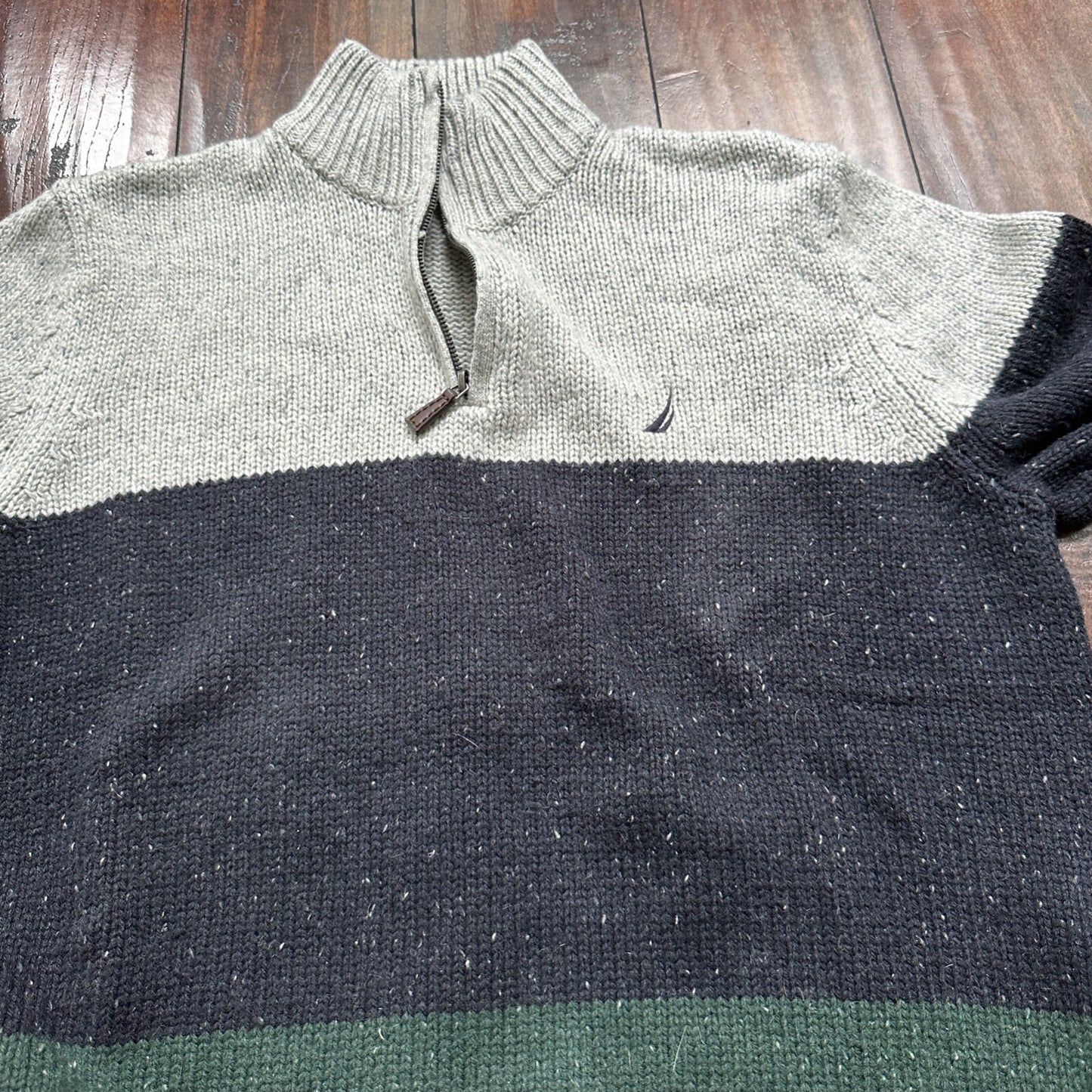 Nautica Men Wool 1/4 Zip Pullover Mock Neck Green Blue Grey Sweater M VTG