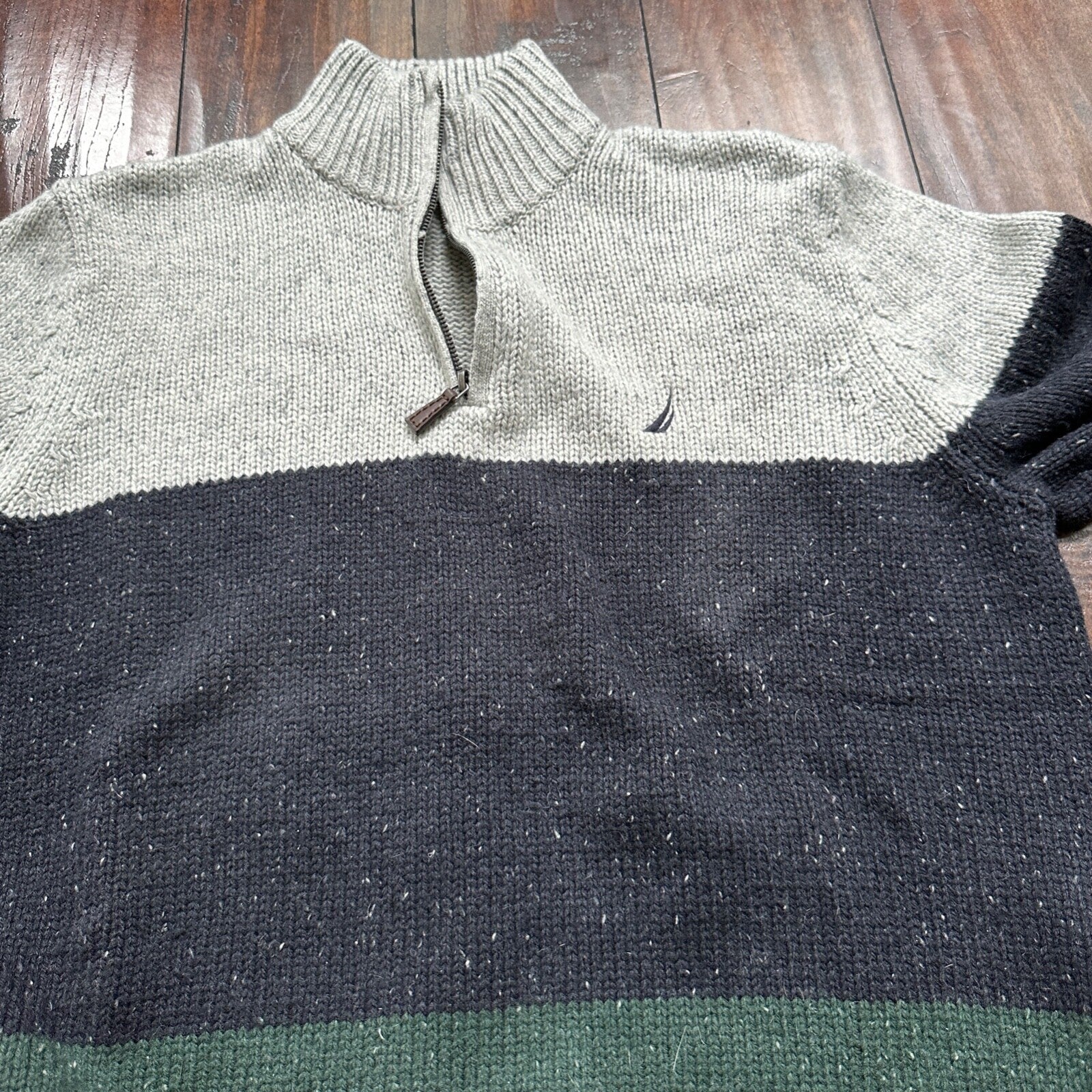 Nautica Men Wool 1/4 Zip Pullover Mock Neck Green Blue Grey Sweater M VTG