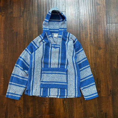 VTG Mexican Poncho Baja Hoodie Surfer Skater Drug Rug Pullover Blue White L