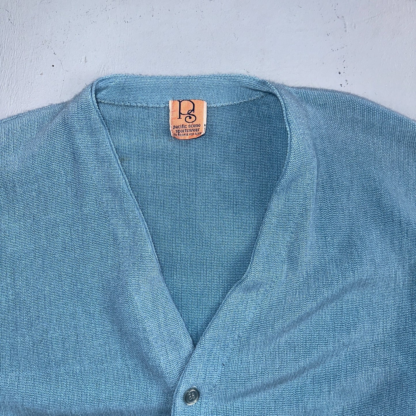 VTG Rare Pacific Scene Cardigan Sweater Solid Light Blue 80s RARE Ocean