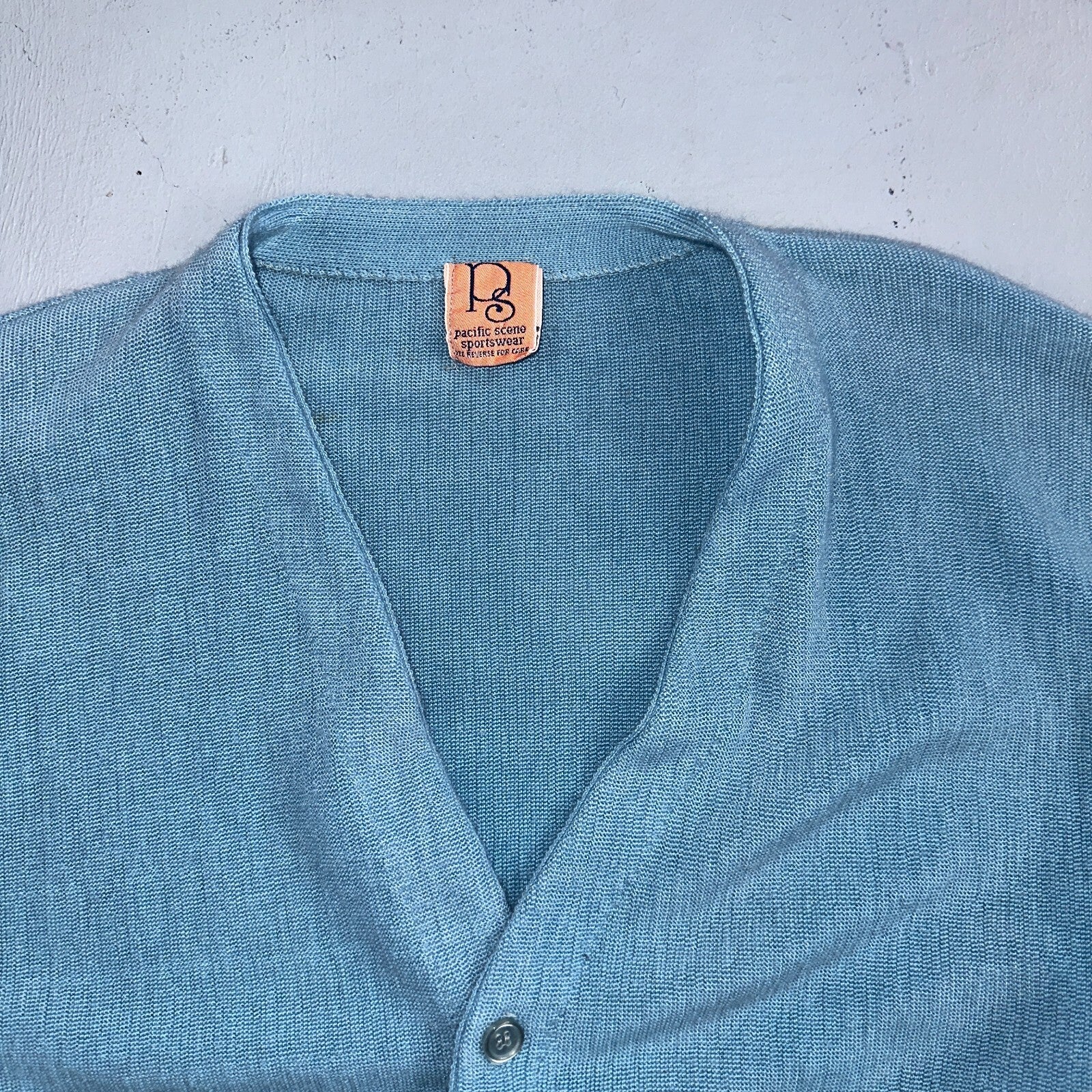 VTG Rare Pacific Scene Cardigan Sweater Solid Light Blue 80s RARE Ocean