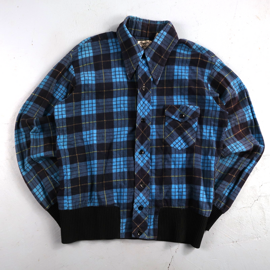 VTG 1970s Men's L Blue Flannel Shirt Black Ribbed Ricky Monzini USA Rockabilly