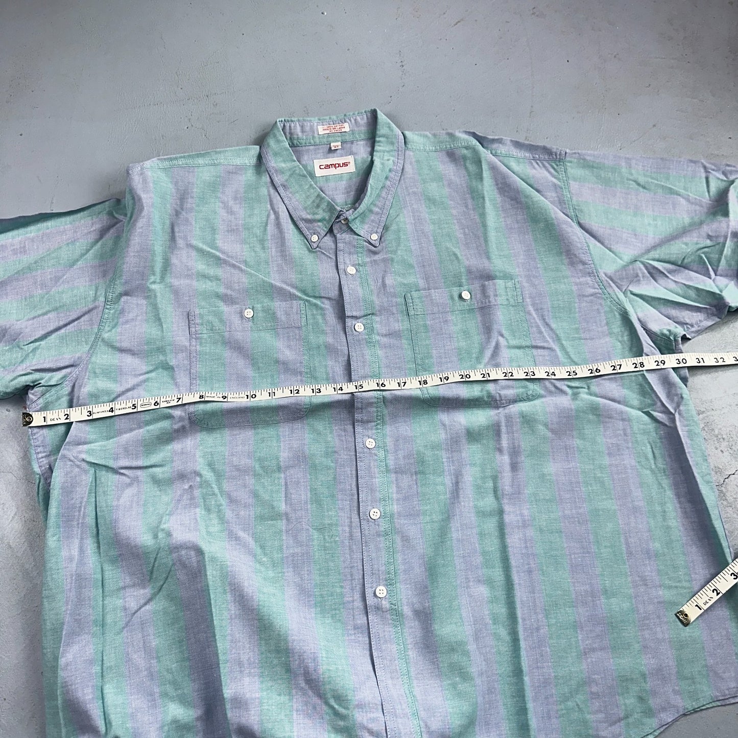 VTG 80s Campus Blue Green Boxy 3XL Short Sleeve Button Up Shirt Preppy Striped