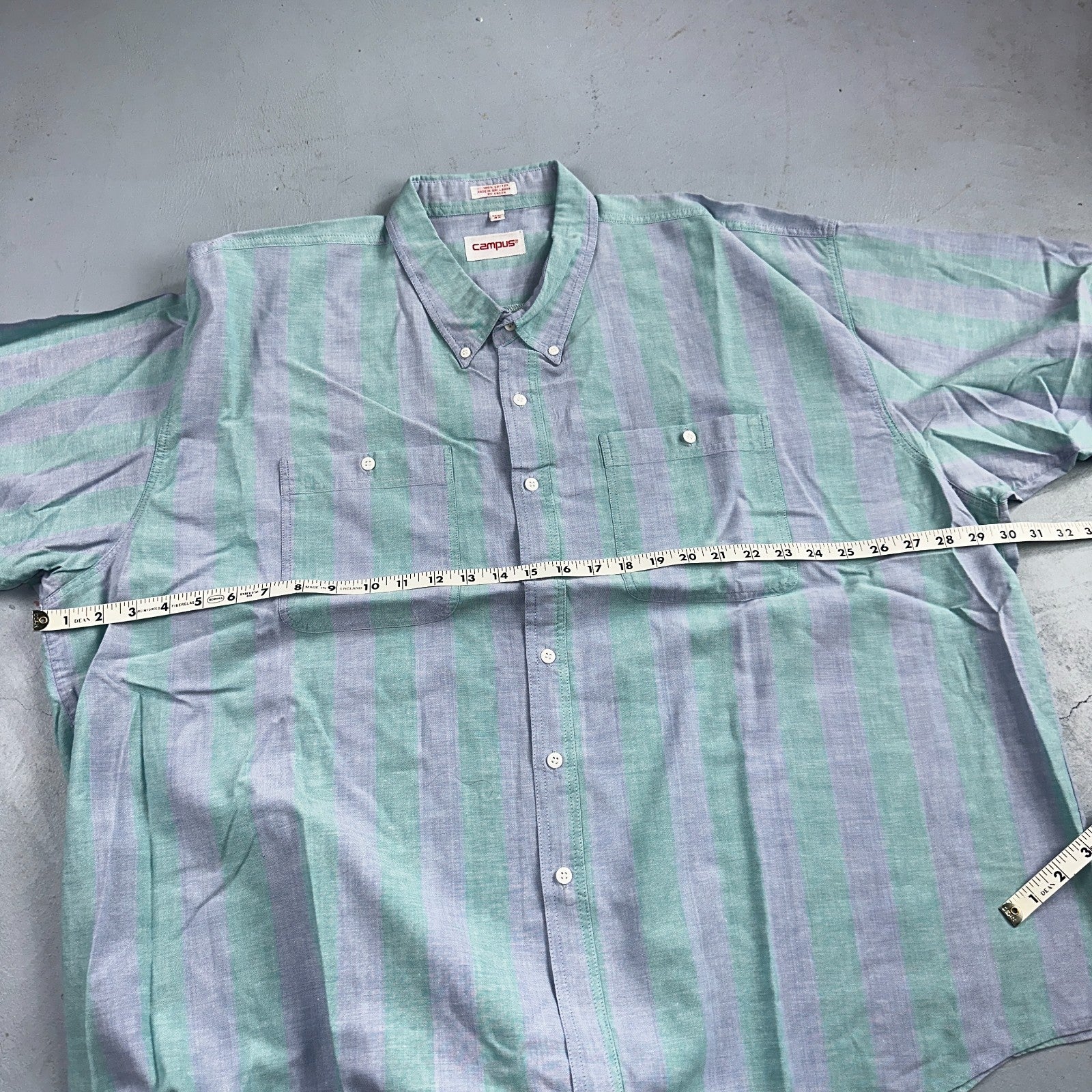VTG 80s Campus Blue Green Boxy 3XL Short Sleeve Button Up Shirt Preppy Striped